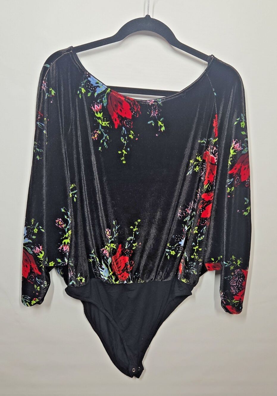 Free People Babe Slouchy Black Velvet Floral Oversized Bodysuit LARGE DARK FAIRY - Picture 4 of 10